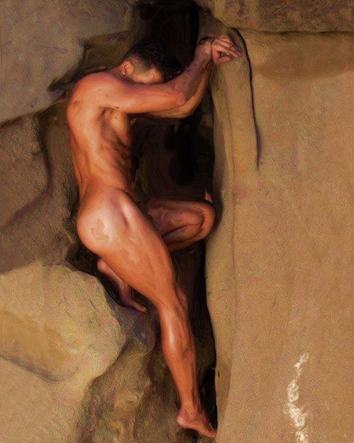Man in a Cleft in a Rock #1 Painting by Troy Caperton