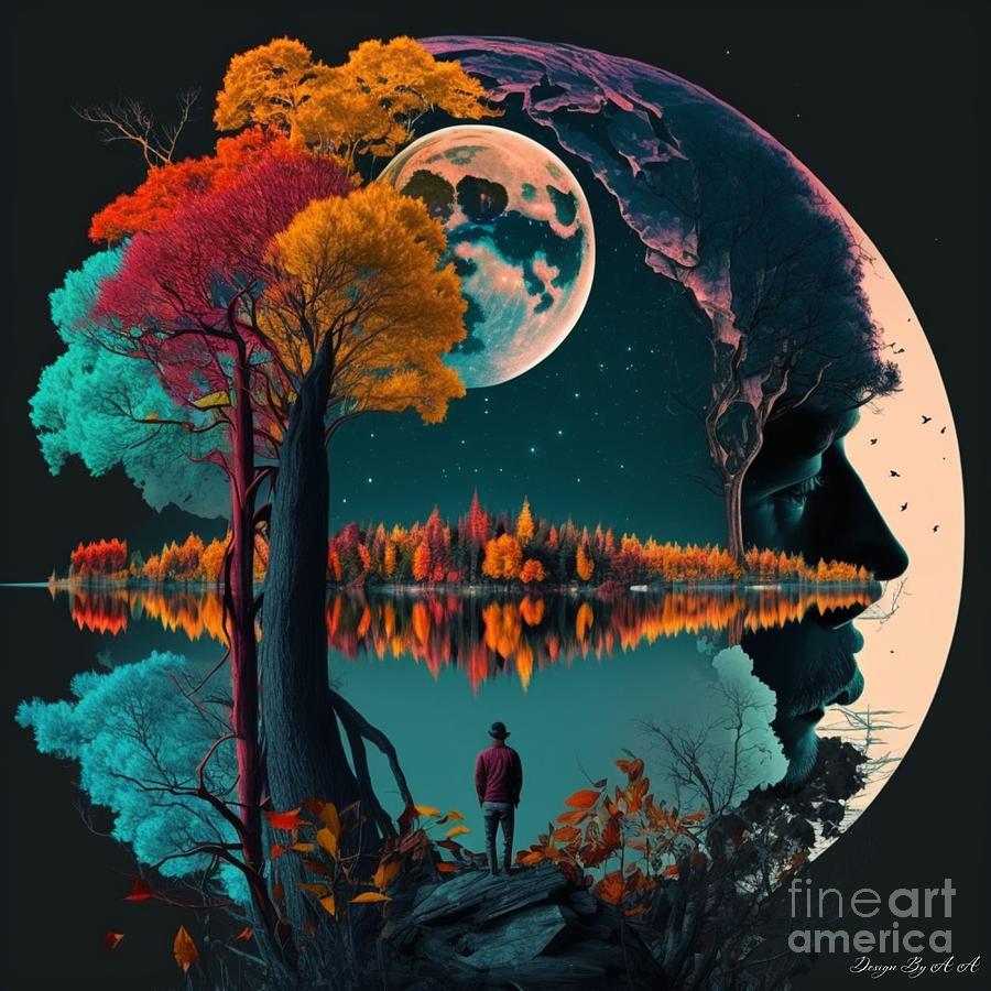 Man, shape in Moon with colorful trees By A. A Digital Art by Aqeel ...