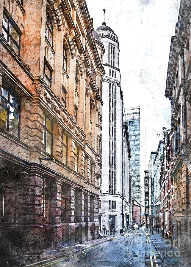 Manchester city watercolor #1 Digital Art by Justyna Jaszke JBJart