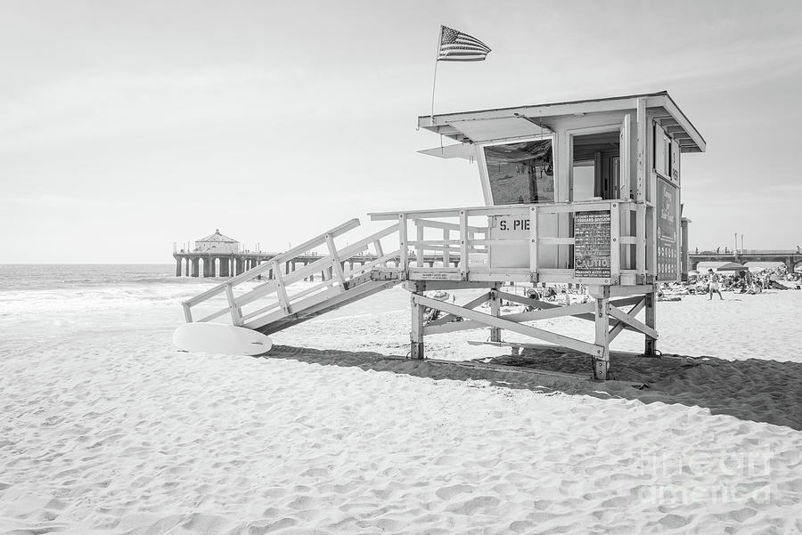 Manhattan Beach Lifeguard Tower Black and White Photo #1 Photograph by Paul Velgos