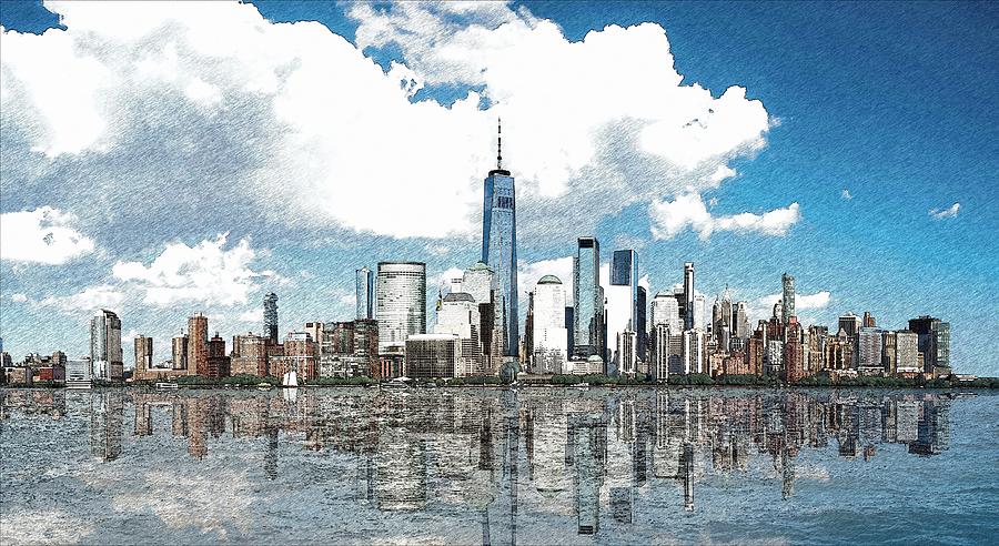 Manhattan skyline, reflection on Hudson river #1 Digital Art by Jean-Luc Farges