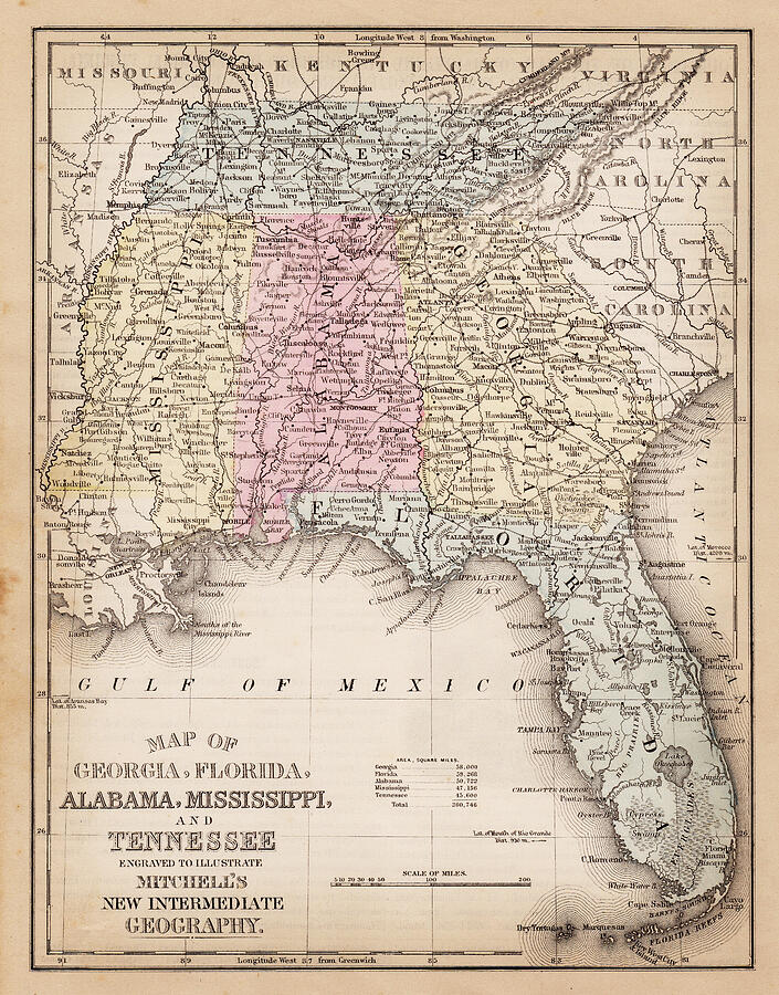 Map of USA Southern states 1881 #1 Drawing by Thepalmer