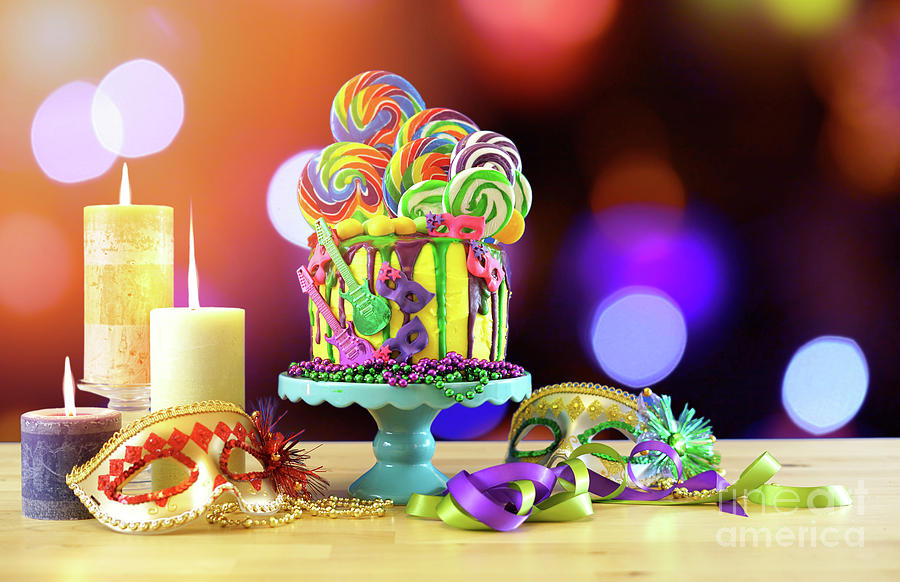 Mardi Gras theme on-trend candyland fantasy drip cake. #1 Photograph by Milleflore Images