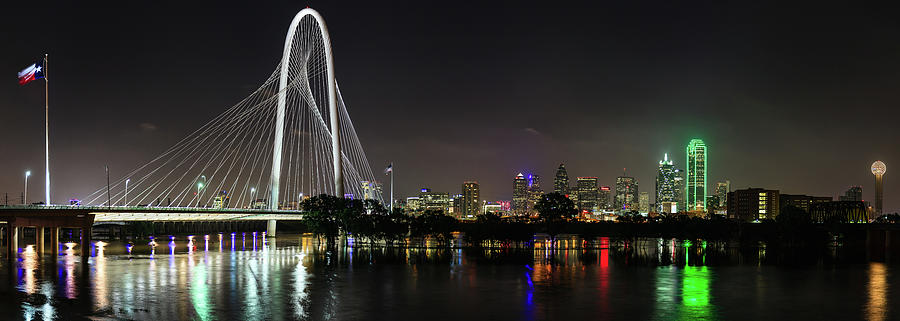 Margaret Hunt Hill Bridge and Dallas Skyline at Night Panoramic Photograph by HawkEye Media