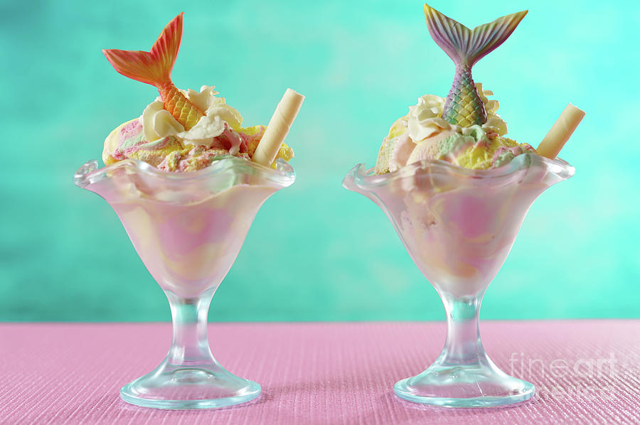 Mermaid sea theme rainbow ice cream sundaes on bright colorful background. #1 Photograph by Milleflore Images
