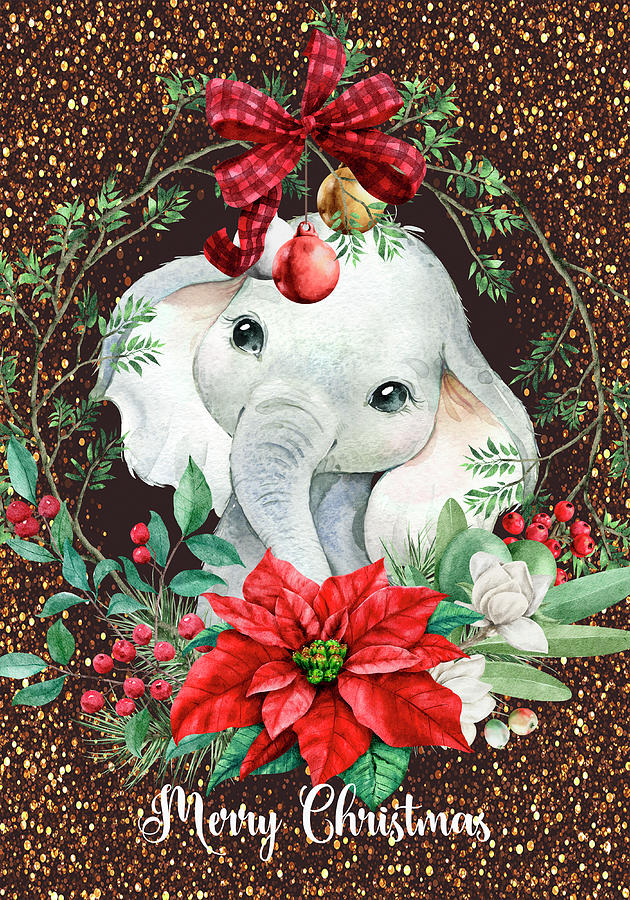 Merry Christmas With A Cute Elephant Baby #1 Mixed Media by Johanna Hurmerinta