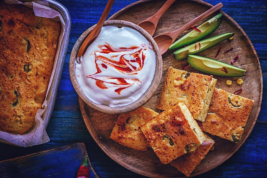 Mexican Corn Bread with Fresh Corn and Jalapenos with Harissa Yogurt #1 Photograph by GMVozd