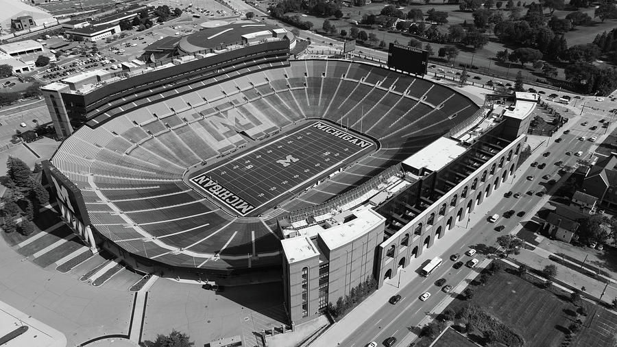 Michigan Stadium overhead in black and white #1 Photograph by Eldon McGraw