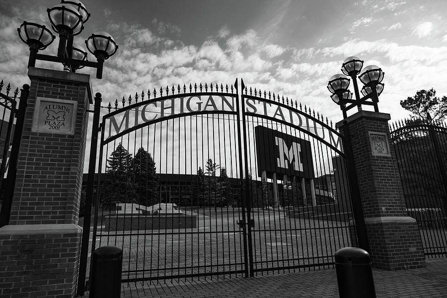 Michigan Stadium sign in black and white #1 Photograph by Eldon McGraw