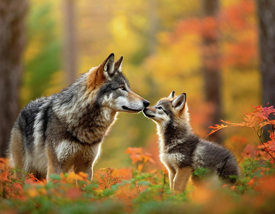 Minnesota Gray Wolf and Pup in Autumn Digital Art by Adam Mateo Fierro