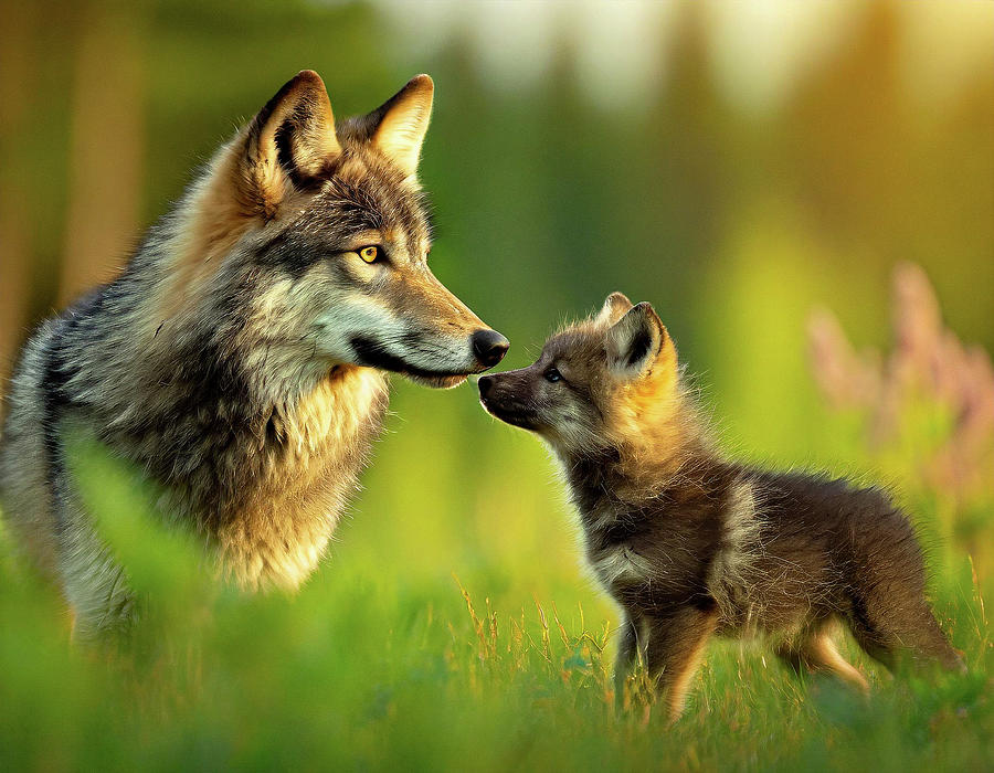 Minnesota Gray Wolf and Pup in Summer #1 Digital Art by Adam Mateo Fierro