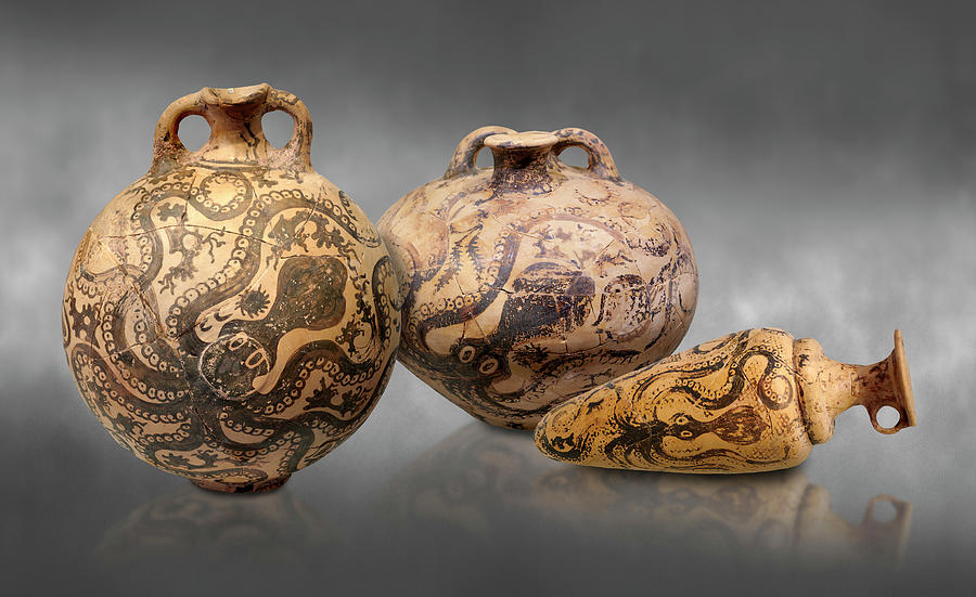Minoan pottery with octopus decorations -1500-1400 BC - Heraklion Archaeological Museum  Photograph by Paul E Williams