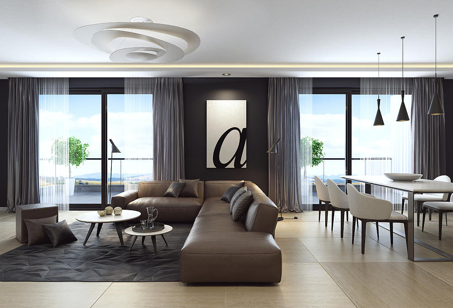 Modern black luxury style apartment with leather sofa #1 Photograph by Tulcarion