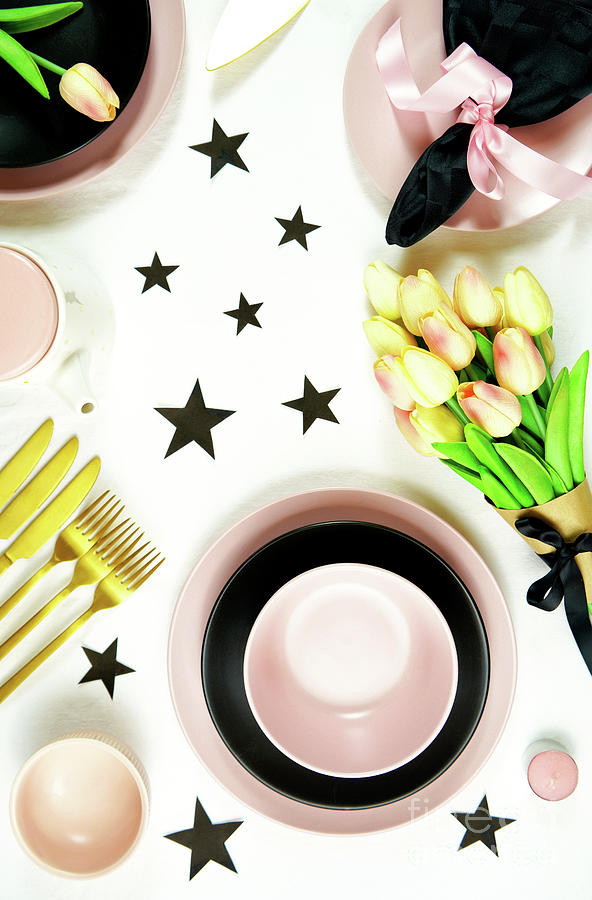 Modern pink, black and gold table place setting top view flat lay. #1 Photograph by Milleflore Images