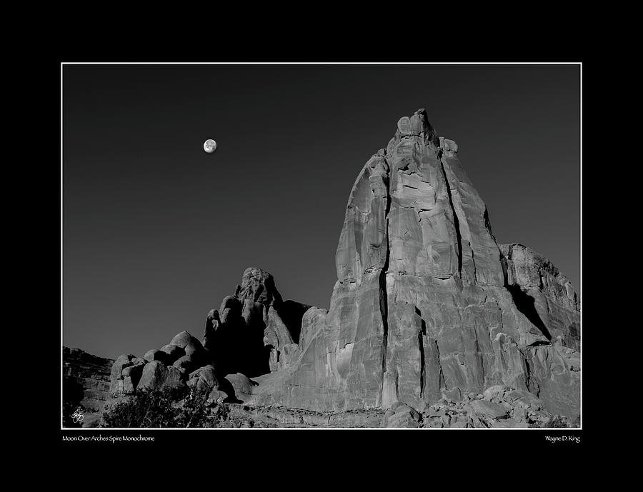 Moon Over Arches Spire Monochrome #1 Photograph by Wayne King