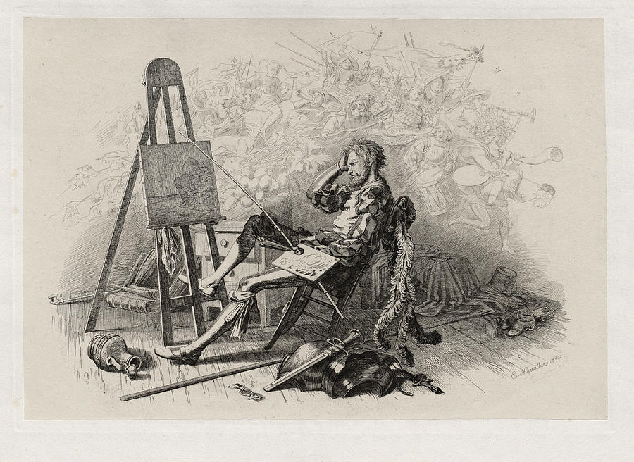 Morning after the Masked Ball. Emil Theodor Richter at His Easel  #2 Drawing by Eugen Napoleon Neureuther
