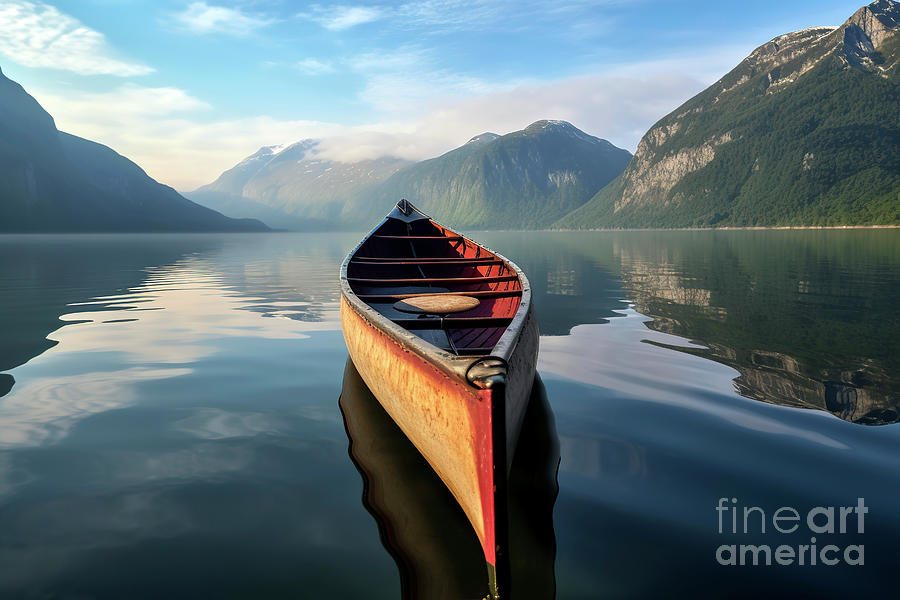 morning mist, a solitary canoe glides upon the tranquil lake. Ai #1 Photograph by Joaquin Corbalan