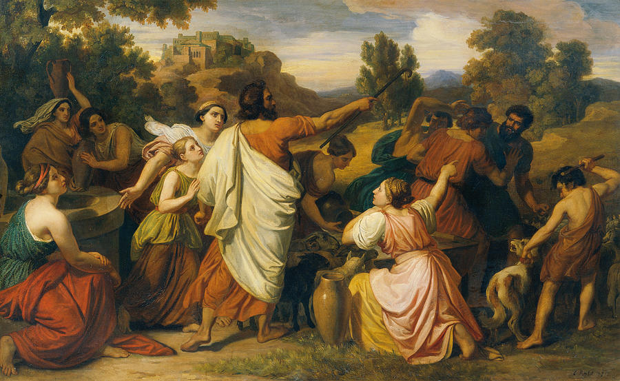 Moses protects the daughters of Requel Painting by Carl Rahl - Fine Art ...