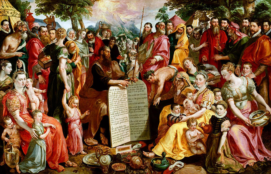 Moses Showing the Tablets of the Law to the Israelites #2 Painting by Maerten de Vos