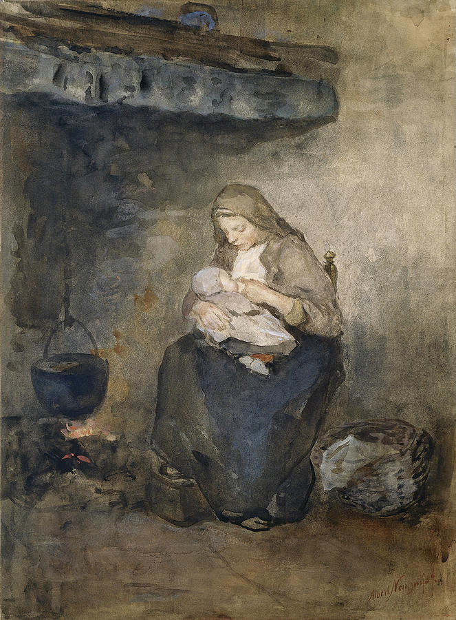 Mother Nursing her Child by the Fireplace #2 Drawing by Albert Neuhuys