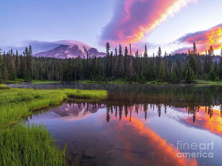 Mount Rainier Sunrise Cloudscape Reflection Photograph