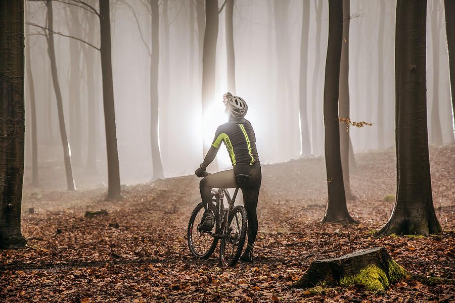 Mountain biker in misty forest #1 Photograph by David Trood