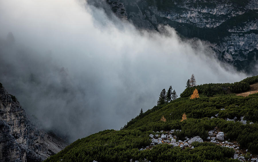 Mountain landscape with fog,  at the Tre Cime hiking path area i #1 Photograph by Michalakis Ppalis
