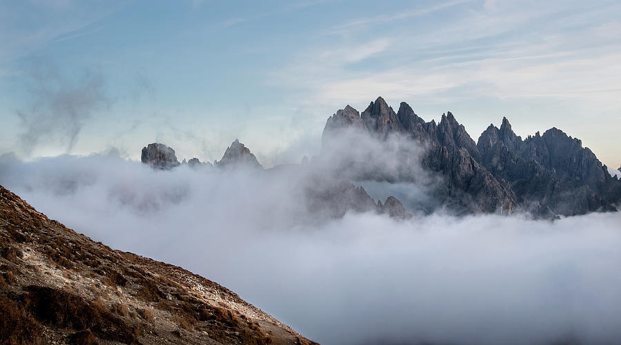 Mountain landscape with fog in autumn. Tre Cime dolomiti Italy. #7 Photograph by Michalakis Ppalis