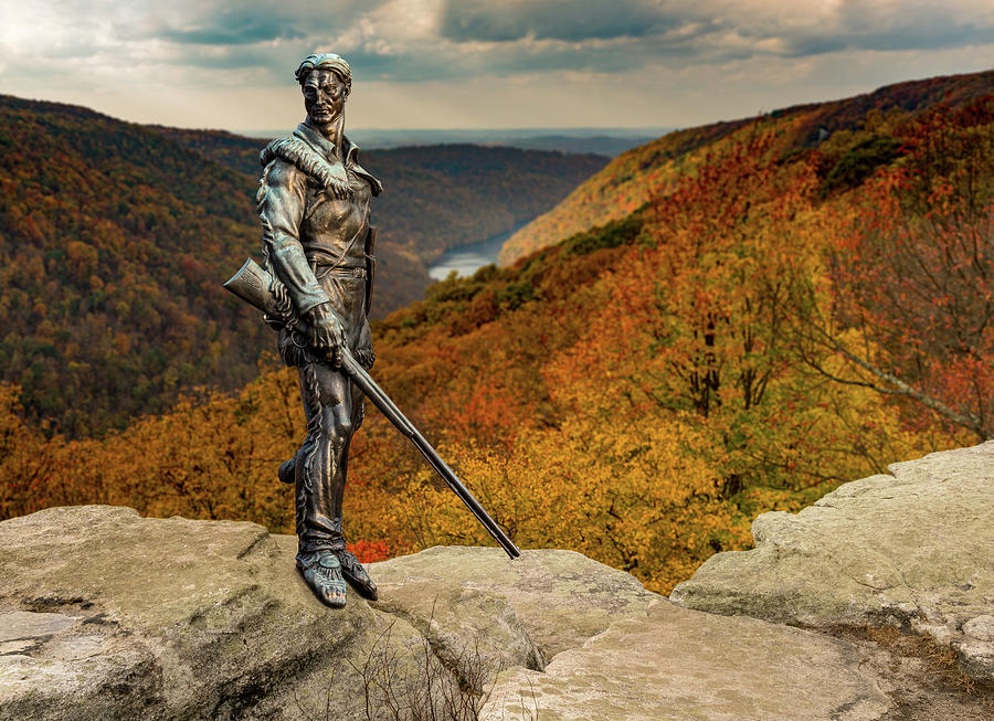 Mountaineer Statue From Wvu With Fall Leaves In West Virginia Photograph