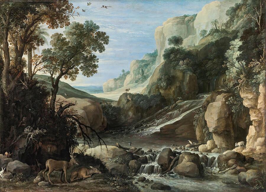 Mountainous Landscape With Wildlife Around A Cascade  #1 Painting by Paul Bril Flemish