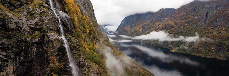Naeroyfjord Waterfall autumn Aerial Aurland Vestland Norway #1 Photograph by Sonny Ryse