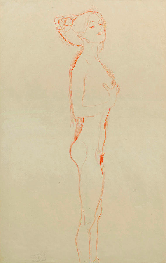 Naked Girl Standing, with Right Hand to Breast #2 Drawing by Gustav Klimt