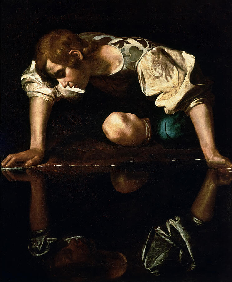 Up Movie Painting - Narcissuss by Caravaggio  by Mango Art