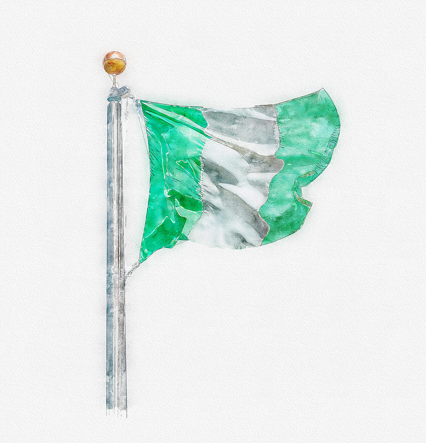National flag of Nigeria on a flagpole, isolated on white background Digital Art by Maria Kray
