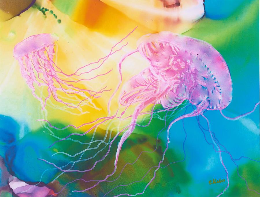 Pink Jellyfish Painting by Susan Kubes