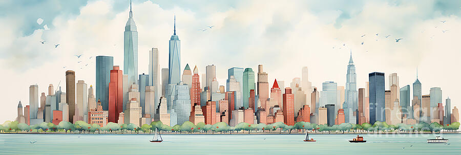 New York City Usa Skyline Cityscape Watercolor  By Asar Studios Painting