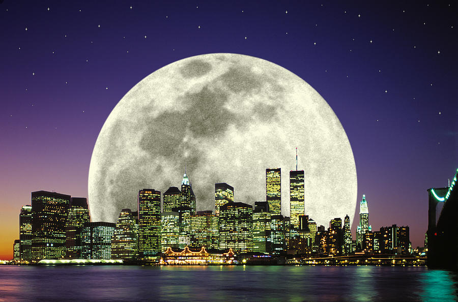 New York skyline with large full moon, computer generated Photograph by