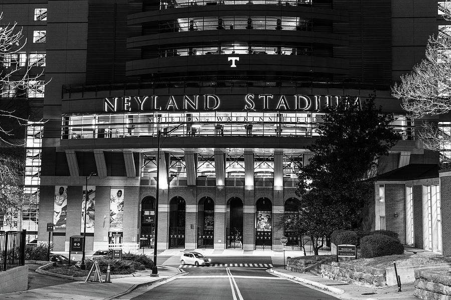 Neyland Stadium at the University of Tennessee at night in black and white Photograph by Eldon McGraw