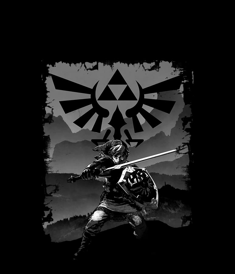 Nintendo Zelda Link Battle Ready Greyscaled Graphic Digital Art by Quynh Vo