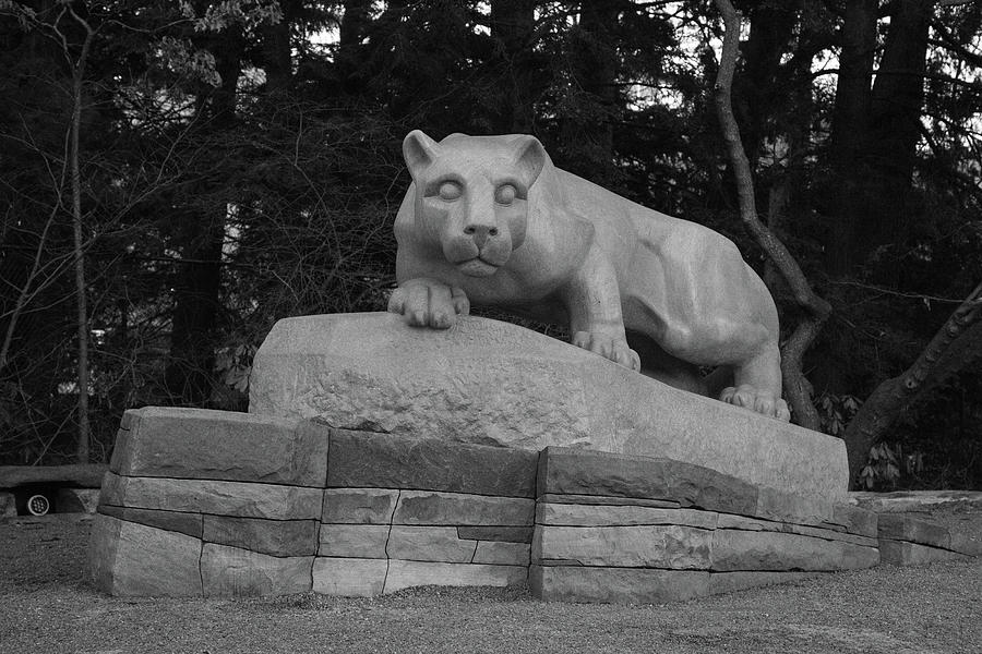 Nittany Lion Shrine at Penn State University in black and white #1 Photograph by Eldon McGraw