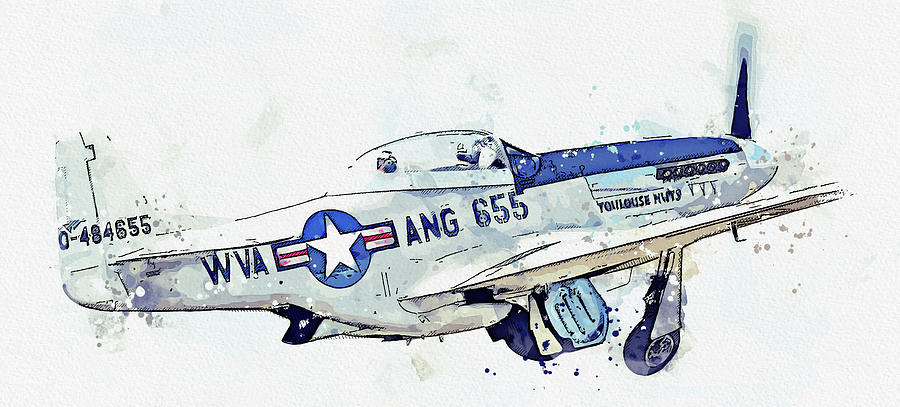 North American P-d Mustang Toulouse Nuts , Vintage Aircraft - Classic War Birds - Planes Watercolor Painting