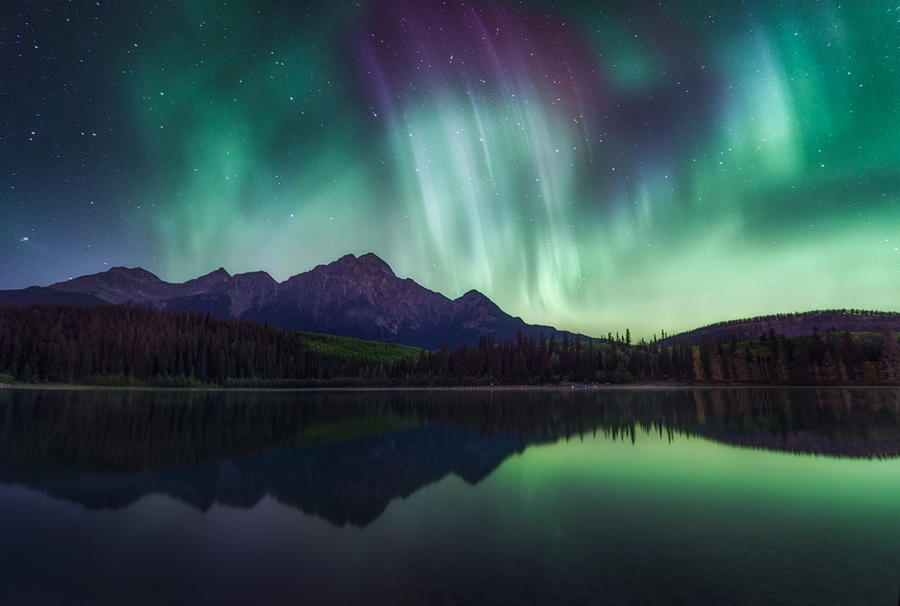 Northern Lights over the Patricia Lake in Jasper National Park, Alberta, Canada. #1 Photograph by Daniel Viñé Garcia