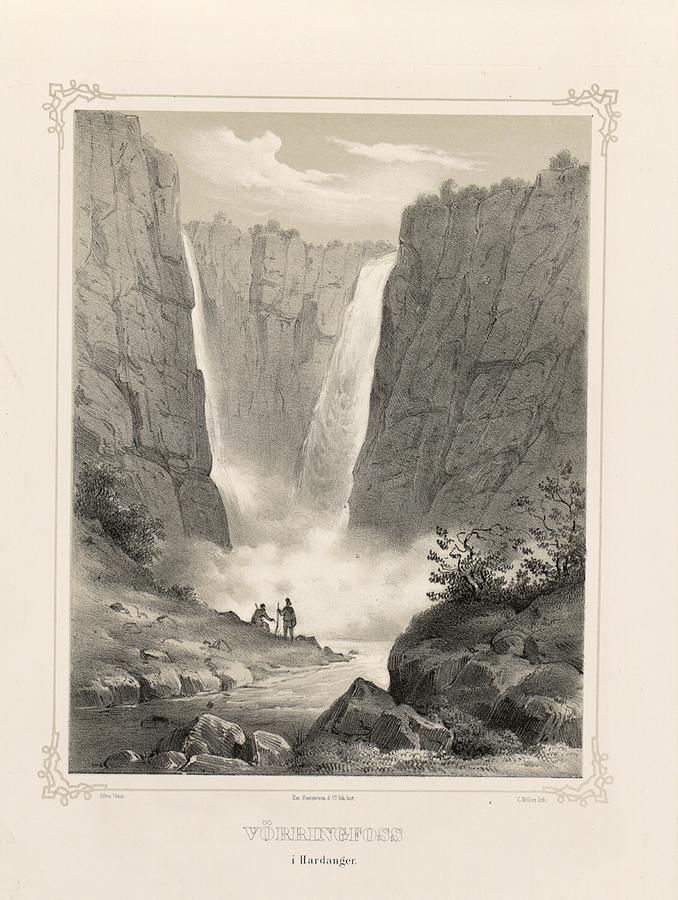 Norwegian Bokmal Vorringfoss i Hardanger #1 Drawing by Joachim Frich ...