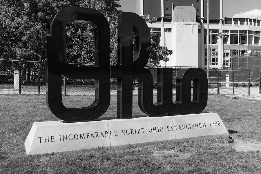 Ohio script statue at Ohio State University in black and white #1 Photograph by Eldon McGraw