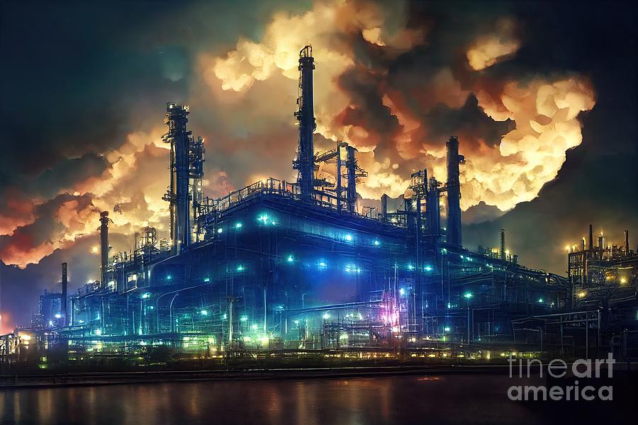 Oil Refinery Factory In The Night #1 Digital Art by Benny Marty
