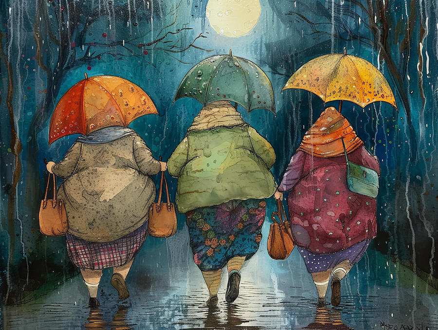 Old ladies in the rain #1 Drawing by Karen Foley
