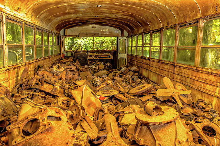 Old School Bus with Used Parts at Old Car City #1 Photograph by Peter Ciro