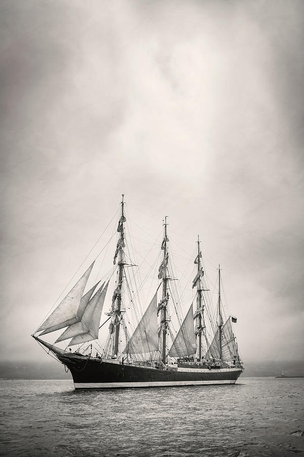 Old Ship With White Sales In Black And White Photograph