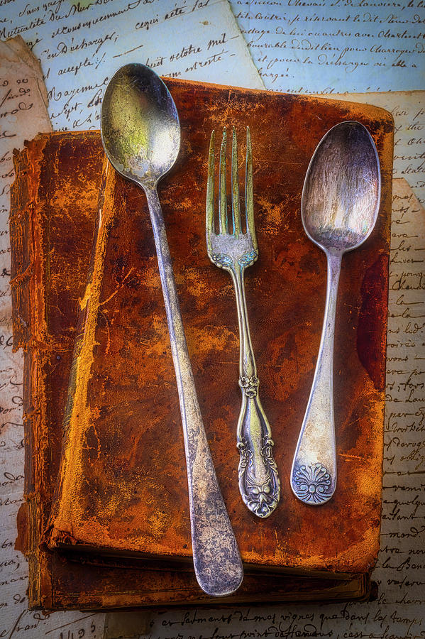 Old Silverware On Antique Books #1 Photograph by Garry Gay