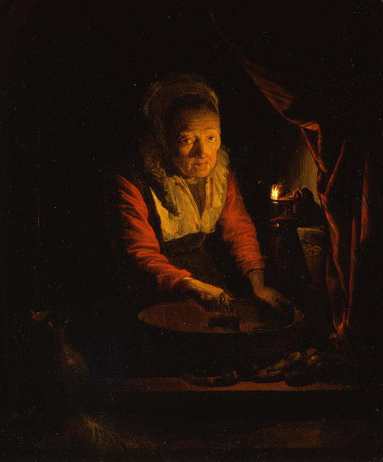 Gerrit Dou Painting - Old Woman Chopping Onions  #1 by Gerrit Dou